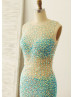 Sexy Sheer Blue Beaded Tulle Mermaid Long Prom Dress